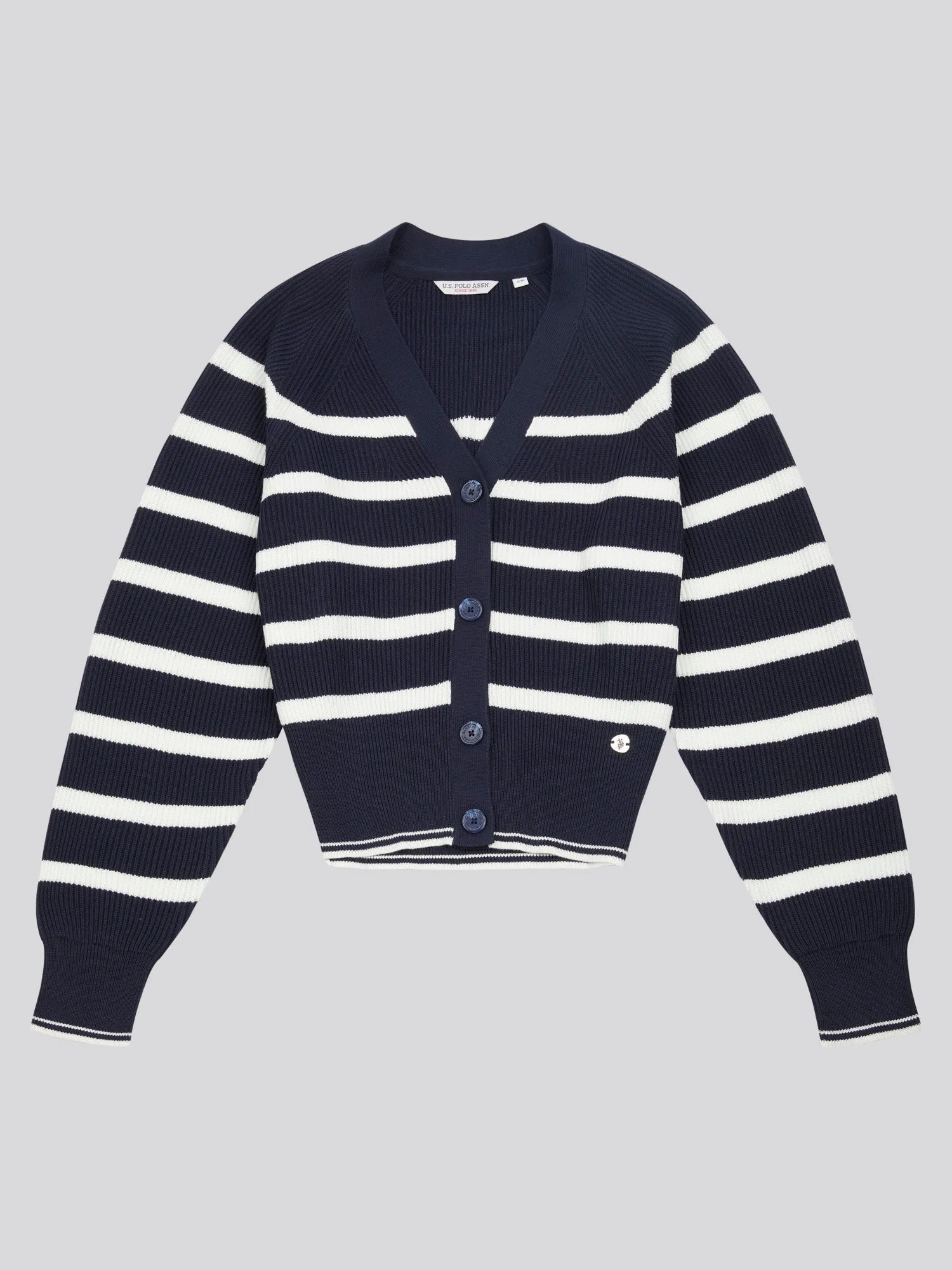 Womens Stripe Cropped Rib Cardigan in Navy Iris