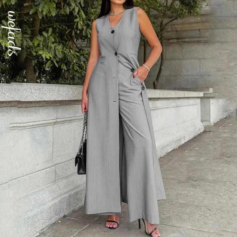 Women's Summer Casual Sleeveless Long Top Loose Wide Legs Pants Sets