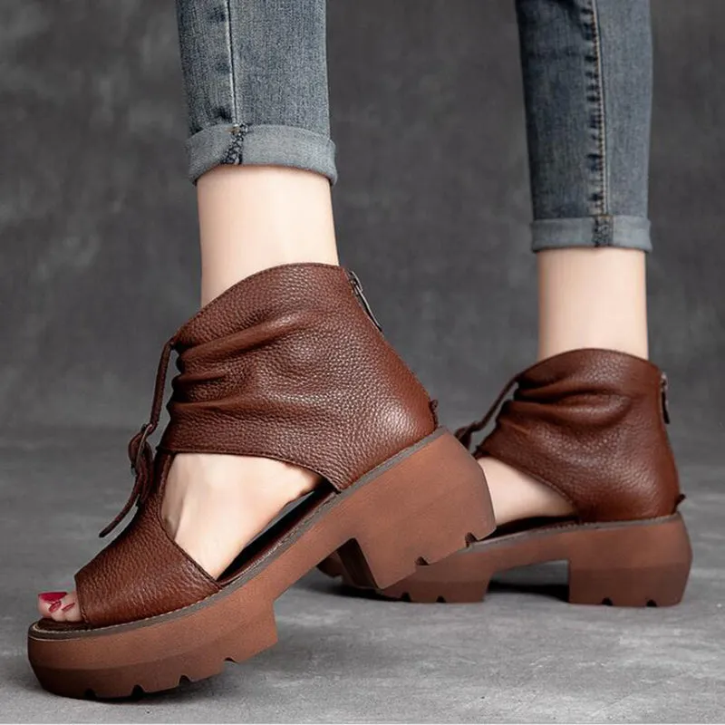 Women's Summer Genuine Leather Brown Peep Toe Gladiator Platform Shoes on Clearance