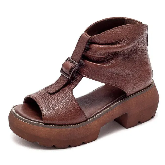 Women's Summer Genuine Leather Brown Peep Toe Gladiator Platform Shoes on Clearance