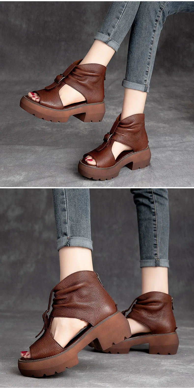 Women's Summer Genuine Leather Brown Peep Toe Gladiator Platform Shoes on Clearance