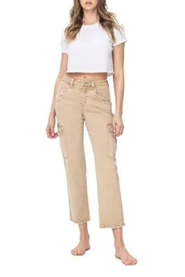 Women's Vervet Solid Cargo Relaxed Fit Straight Jeans